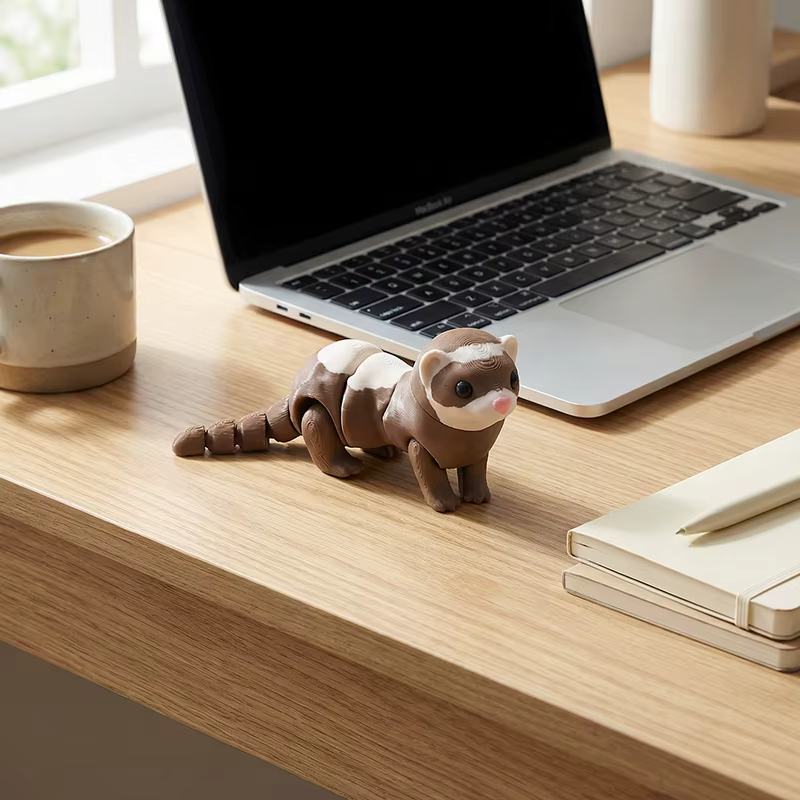 Figurine de furet articulée – Animal en peluche articulé marron et blanc de 8 cm, poseable à collectionner pour la décoration de bureau