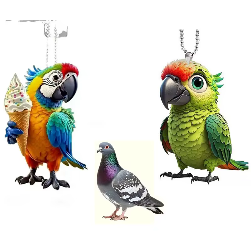 Nouveau charmant acrylique 2D plat Pigeon perroquet oiseau voiture rétroviseur sac à dos porte-clés pendentif drôle Animal bijoux accessoire
