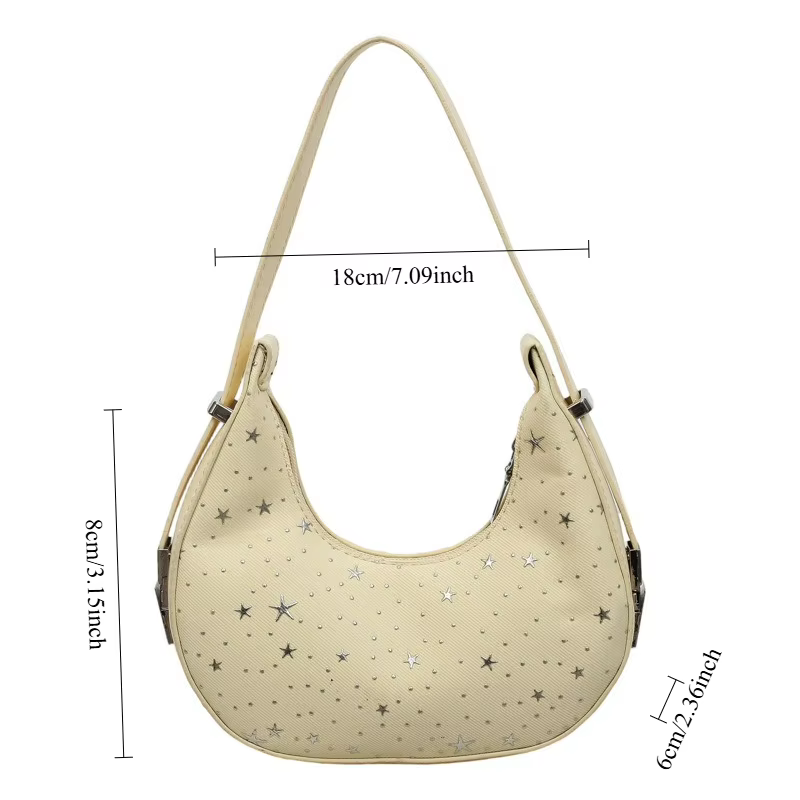 Nouveau sac hobo demi-lune plissé en nylon style doux, grande capacité, motif étoile tendance, sac à bandoulière pour les trajets quotidiens