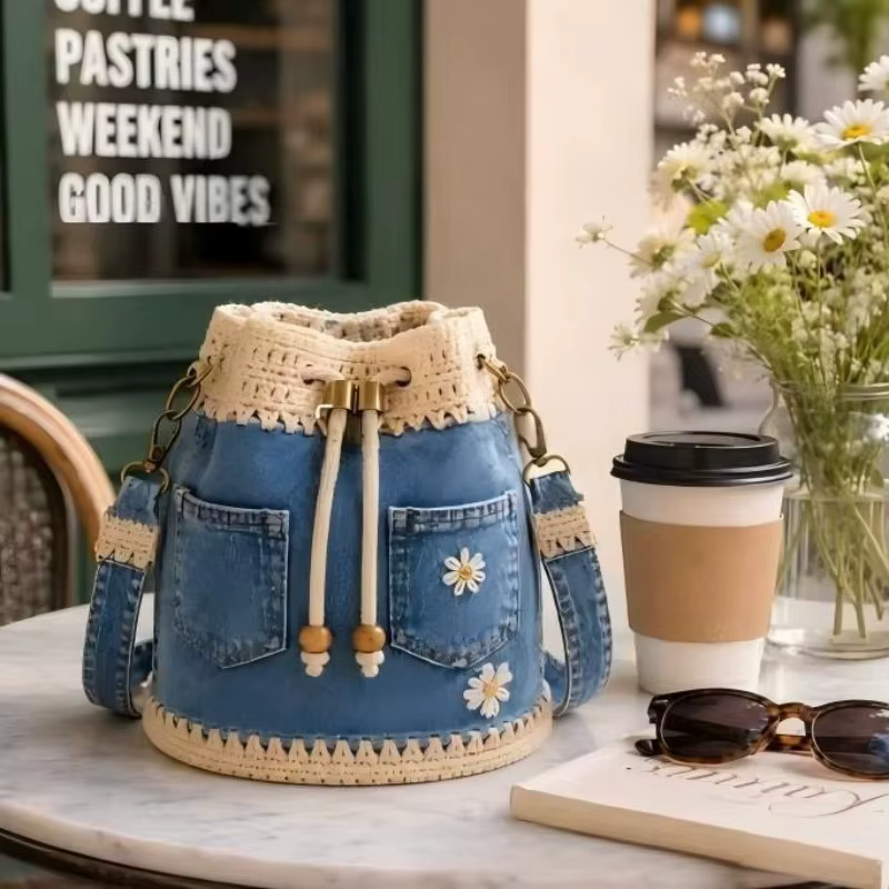 Sac seau en jean au crochet, tissé à la main, avec cordon de serrage, sac à main sous le bras, grand sac, style vintage, broderie florale, sac à bandoulière, Nouveauté 2026