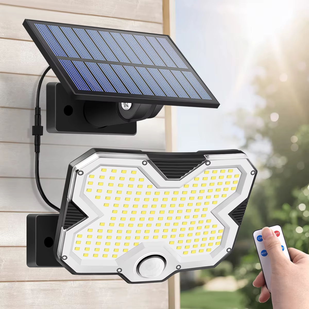 Lampe murale solaire avec 180 LED, allumage et extinction automatiques, étanche IP65, panneau solaire séparé, trois modes d'éclairage pour l'extérieur