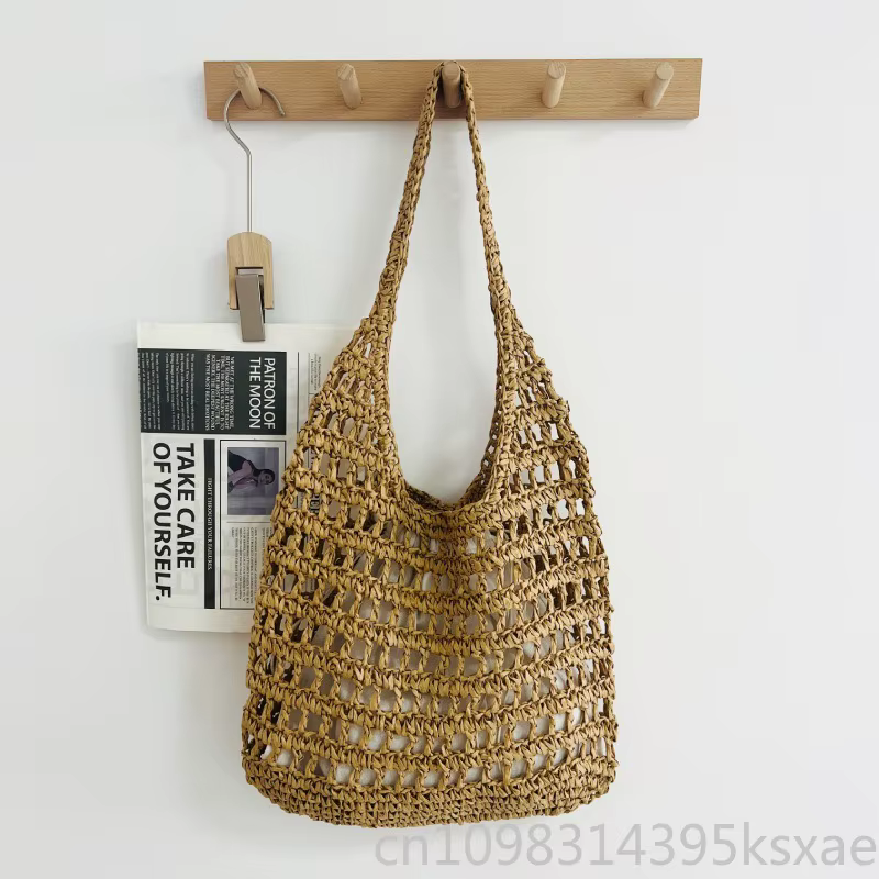 Sac à bandoulière de plage en paille pour femme, grande capacité, tissé à la main, ajouré, pour les vacances d'été, style minimaliste