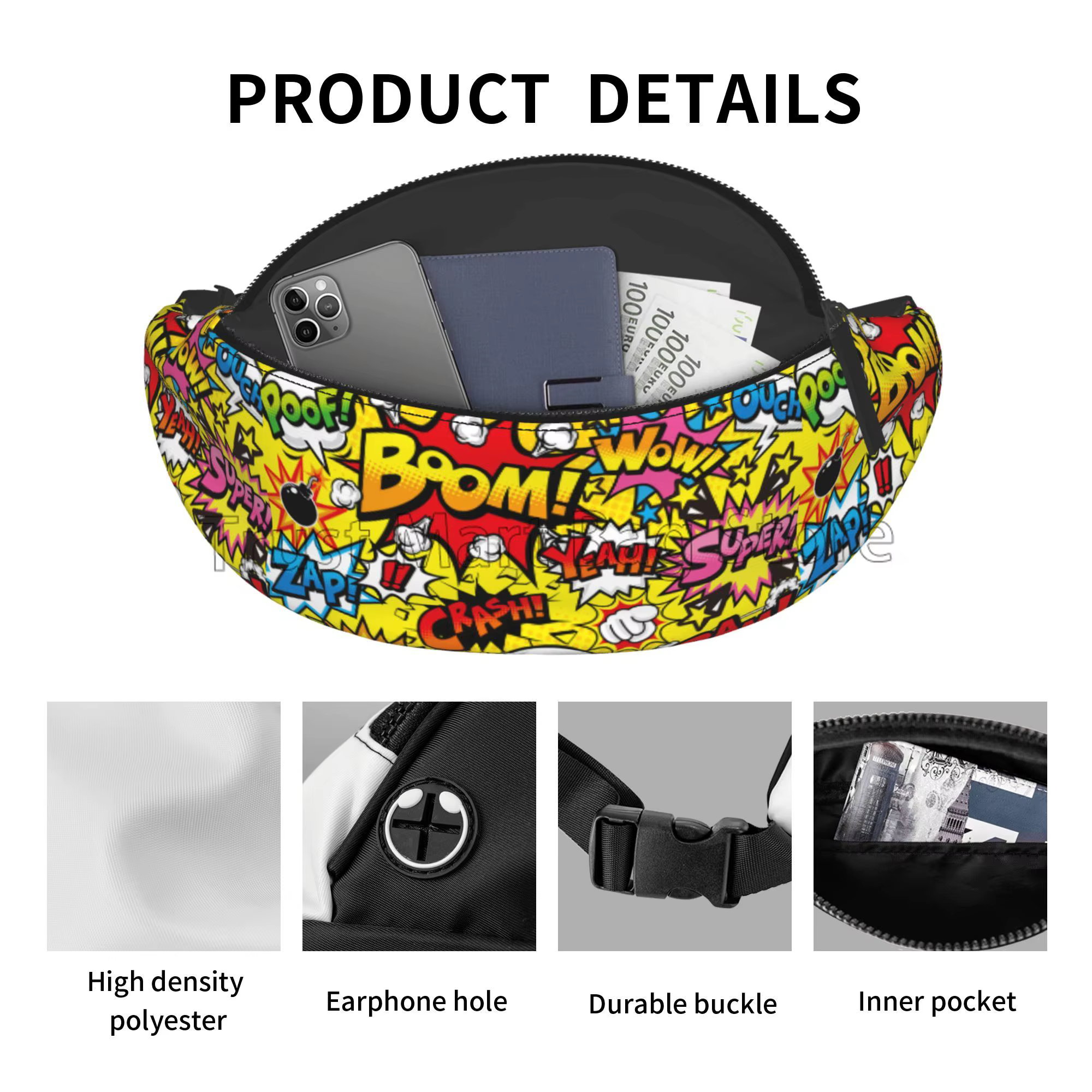 Sac banane Pop Art pour hommes et femmes, collection de bandes dessinées américaines, sacs à bandoulière hip-hop, grand sac de taille pour les voyages en plein air