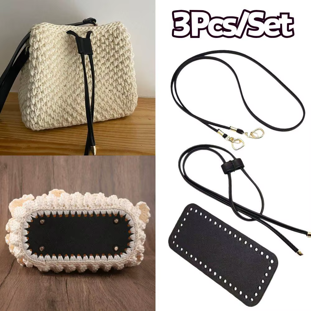 3 pièces bricolage en cuir PU Crochet sac accessoires à la main cordon pièces tissé sac ensemble couleur unie sac Base inférieure sac sangle poignée