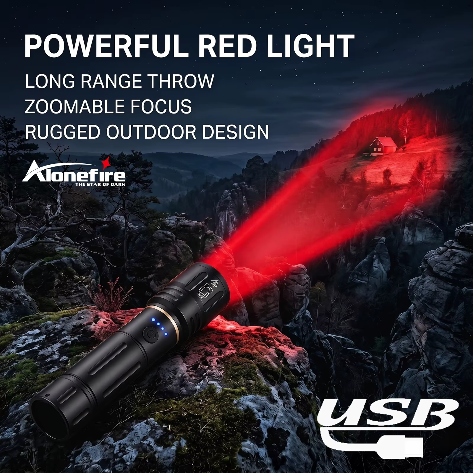 Lampe torche rechargeable Alonefire Zoom haute puissance, lumière rouge, bleue, verte, blanche, lampe de camping, randonnée, chasse, pêche en plein air
