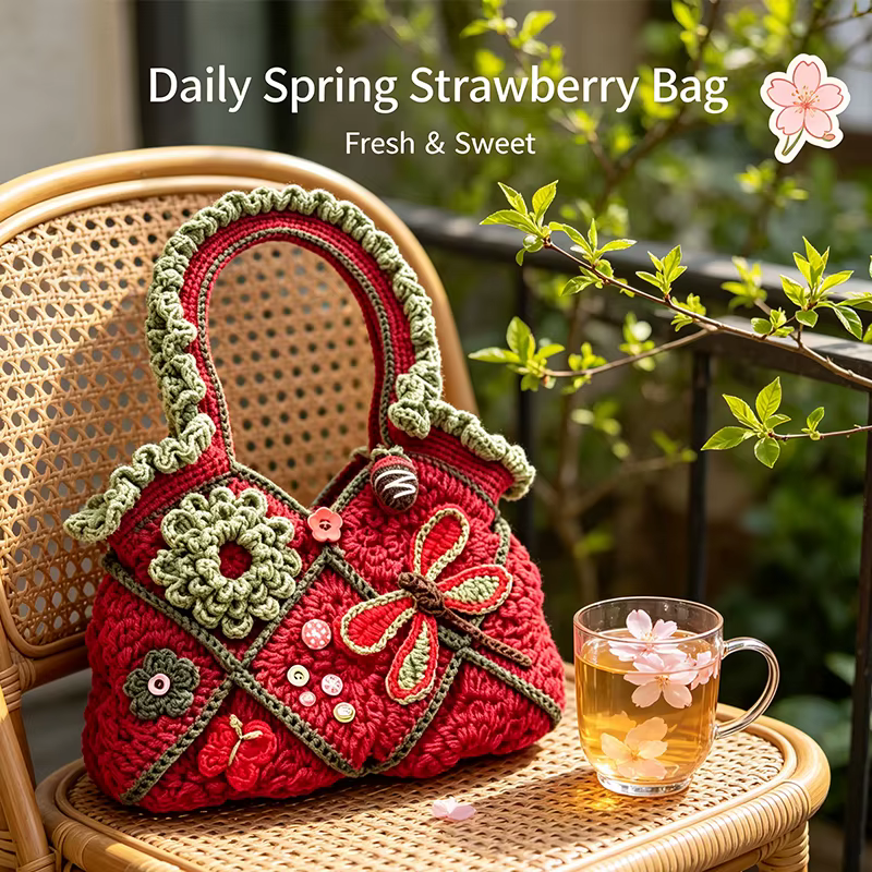 Kit de crochet pour sac à main en fil de laine à motif floral libellule rouge et vert rétro, fait main, DIY, avec tutoriel vidéo