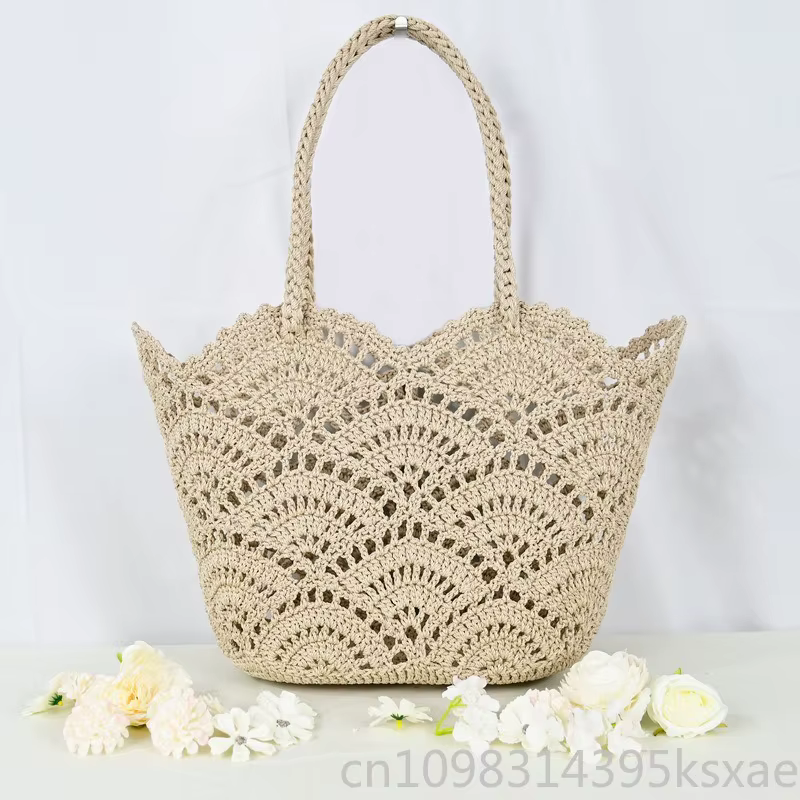 Sac fourre-tout en crochet fait main pour femme, sac de plage bohème en coton tissé, sac à bandoulière décontracté
