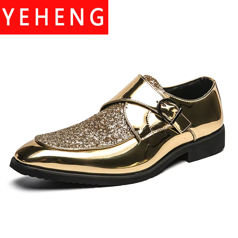 YEHENG Chaussures habillées à boucle dorée scintillante pour hommes
