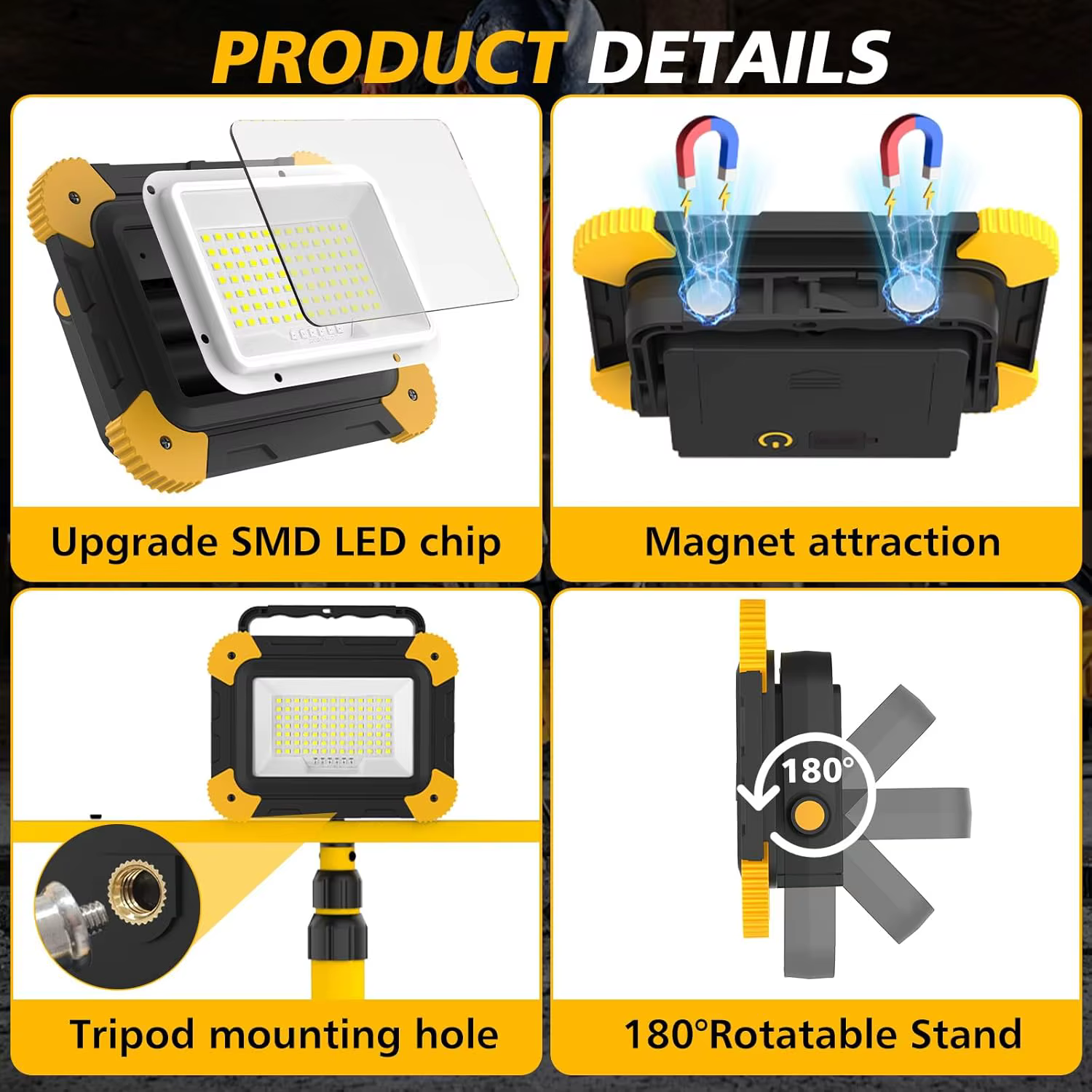 Projecteur de travail LED 5 modes, projecteur de Construction Portable, lampe de Camping Rechargeable pour Site, Garage, atelier, pêche d'urgence