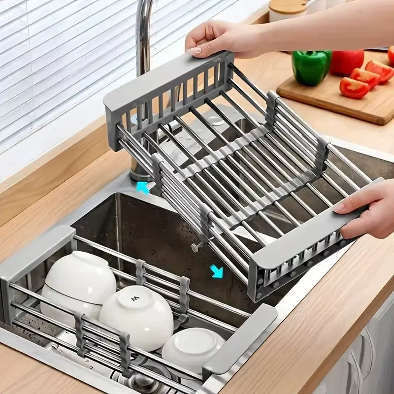 Égouttoir de cuisine télescopique en acier inoxydable pour évier, support à ustensiles, égouttoir à fruits et légumes, accessoire de cuisine domestique