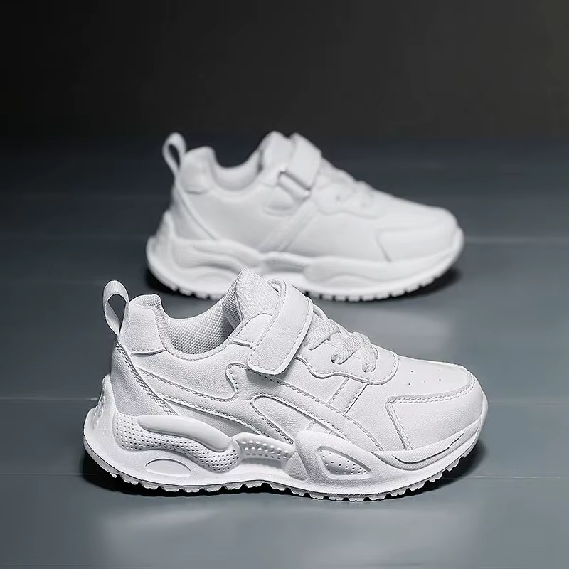 Chaussures en cuir blanches pour enfants, baskets décontractées pour garçons et filles, respirantes, pour l'extérieur, l'école, la marche, antidérapantes, chaussures de course et de sport