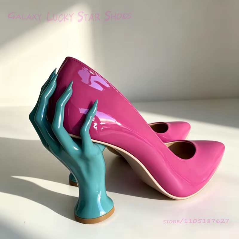 Sandale d'été pour femme à talon original en forme de main rose