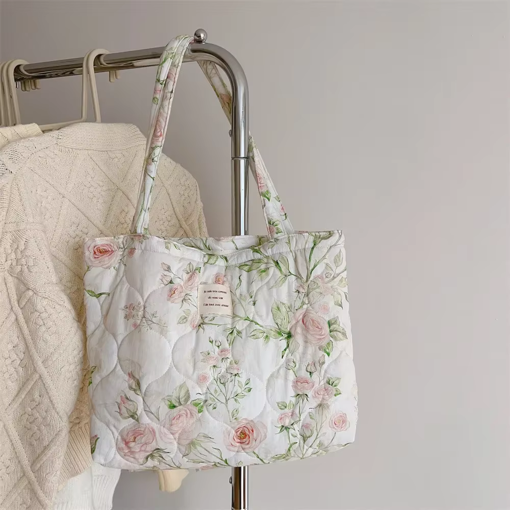 Sac à Main en Coton à Motif Floral pour Femme, Fourre-Tout Chic, Bouffant, à Poignée Supérieure, Matelassé, Rembourré, de Styliste, 2025