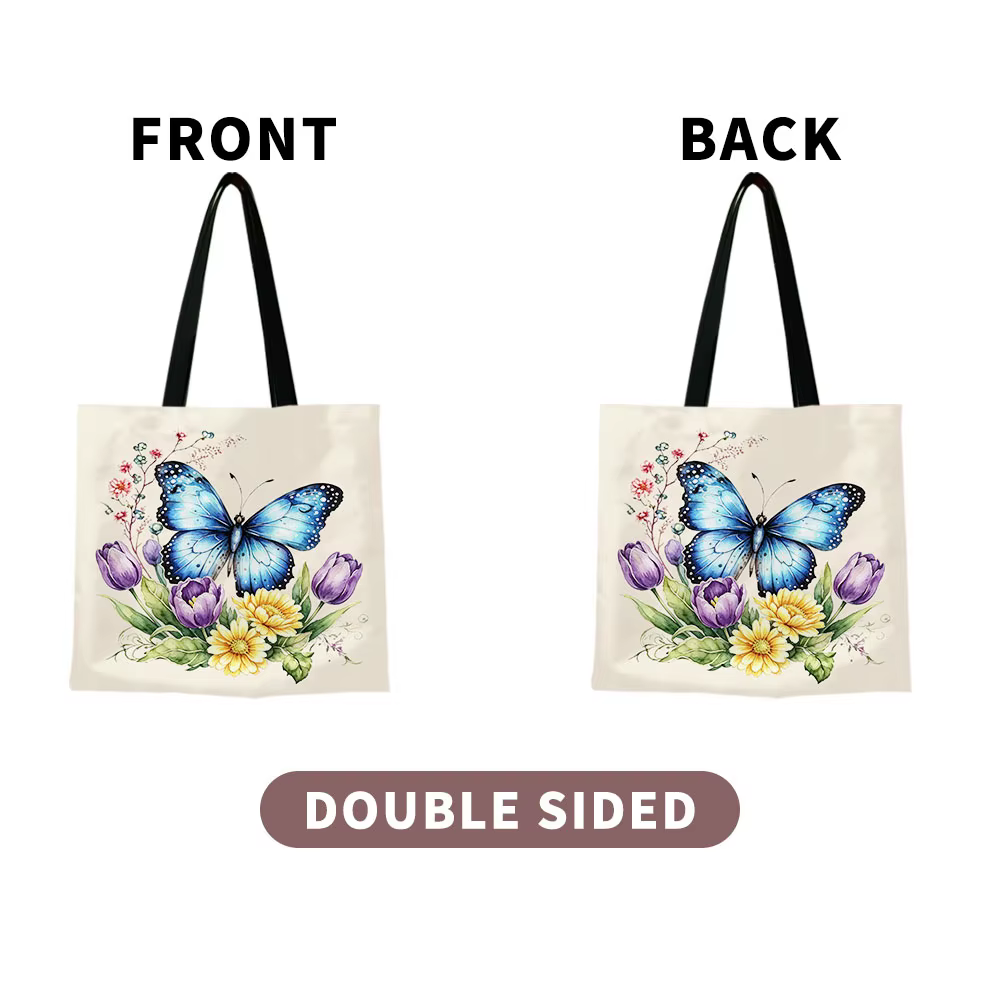 Sac fourre-tout en toile bleu aquarelle avec motif floral de papillons – Imprimé botanique vibrant avec des tulipes, des marguerites et des brindilles sauvages, écologique