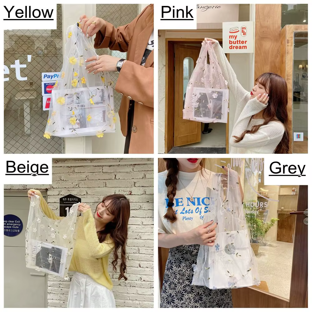 Sacs à main décontractés en maille écologique, sacs à main brodés, sacs de shopping transparents