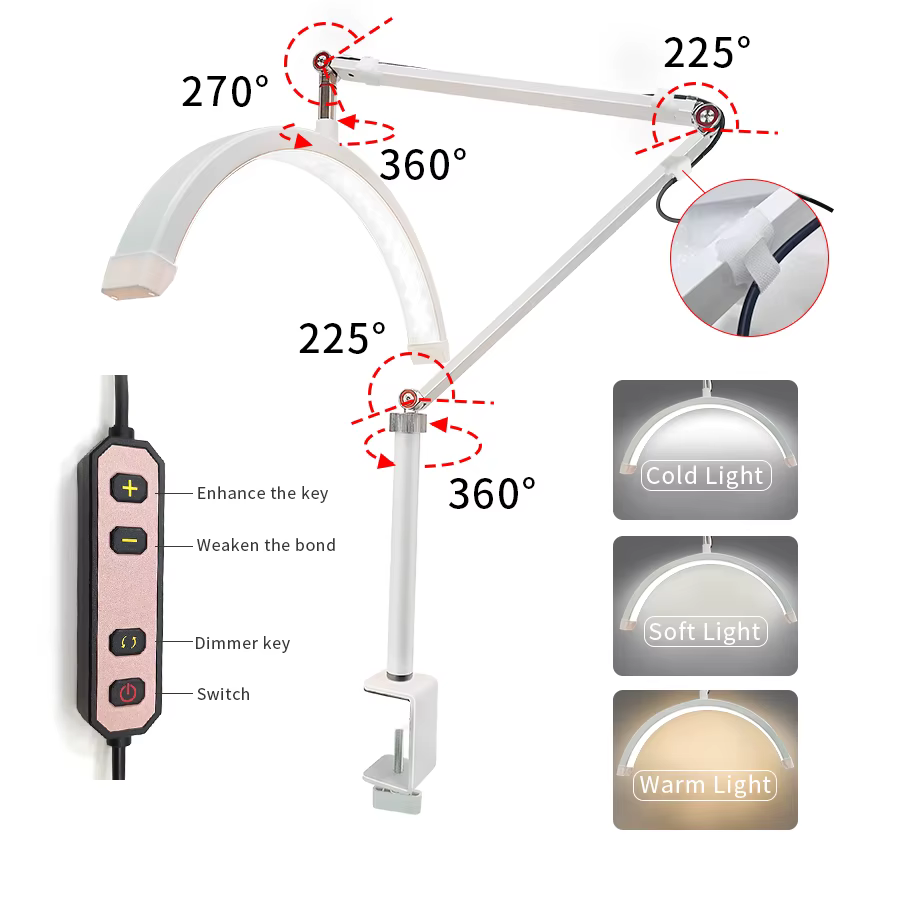 Lampe de bureau LED demi-lune 16 pouces avec support de téléphone et pince, 3 modes d'éclairage réglables, idéale pour les extensions de cils et les ongles