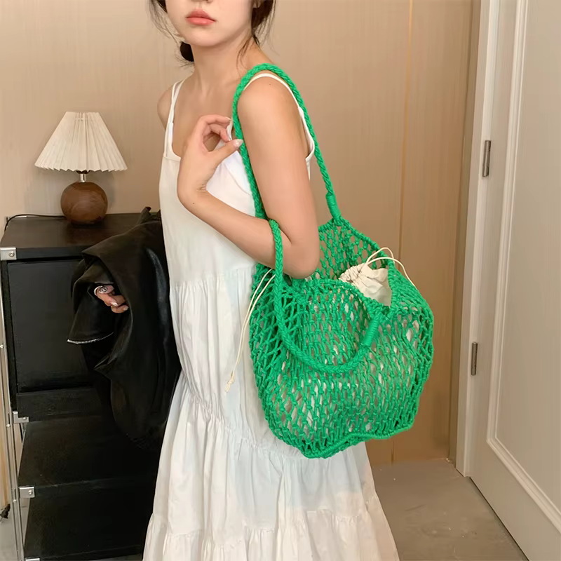 Sac de tissage creux en coton chanvre, fourre-tout fait main de grande capacité, sac en filet portable pour les vacances à la plage, printemps et été