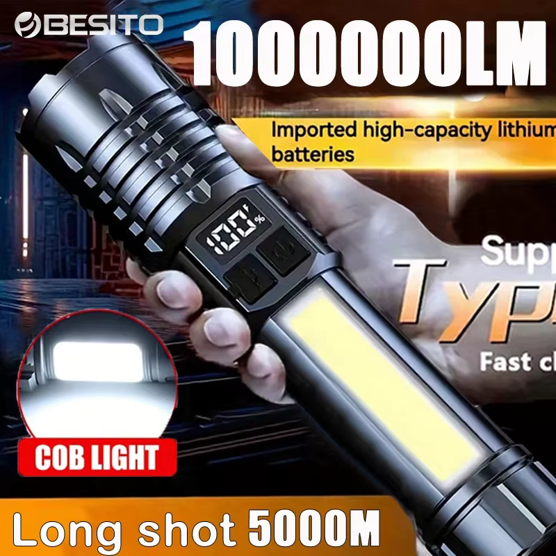 Lampes de poche LED haute puissance rechargeables portables avec écran d'affichage Zoom lampe torche tactique avec lanterne de lumières latérales de secours