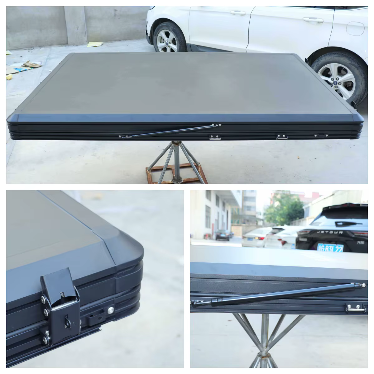 Tente de camping triangulaire en aluminium pour 4 personnes, tente de toit à coque rigide noire, tente de toit de voiture
