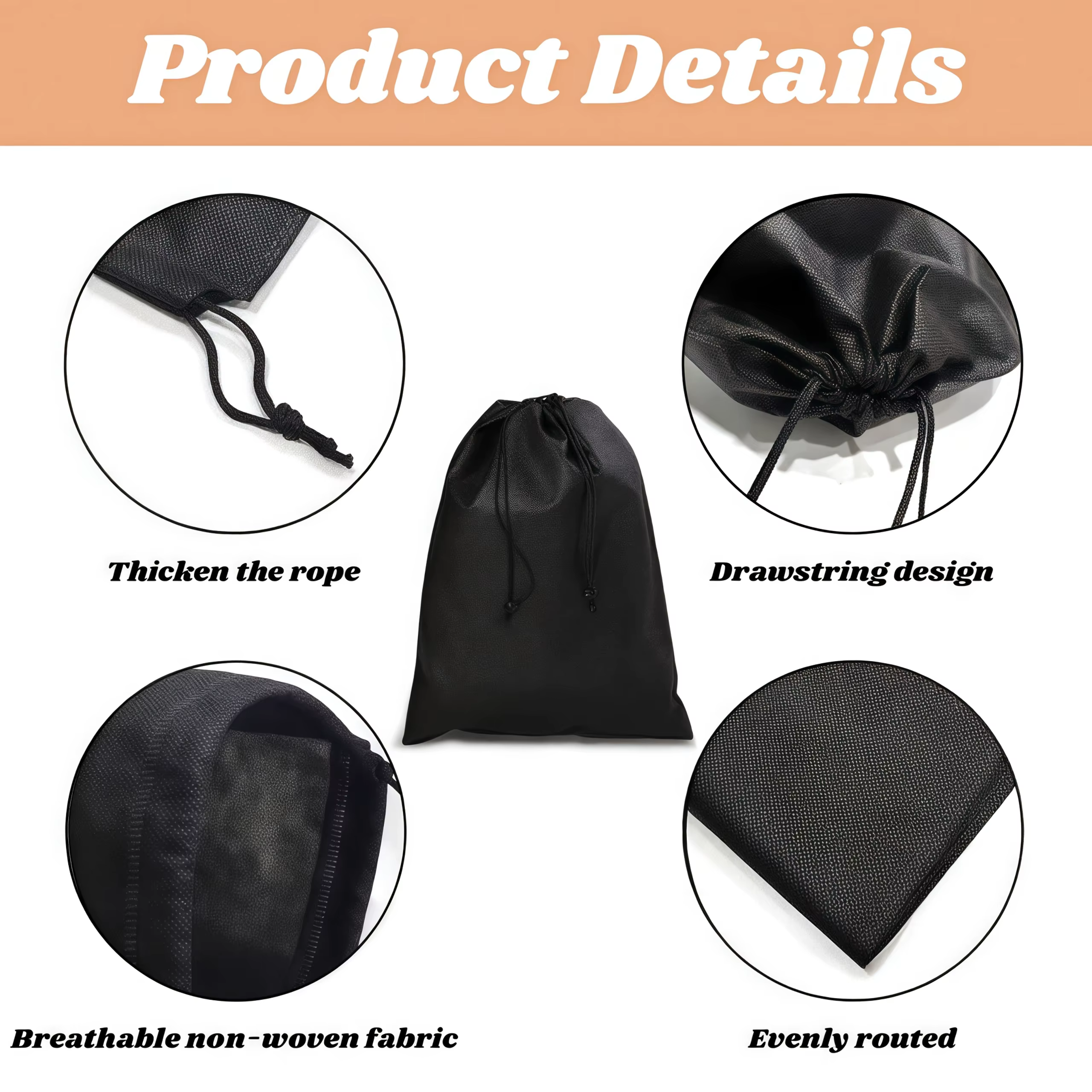 Sac de voyage portable noir 10/5 pièces avec fermeture à cordon-matériau PP durable