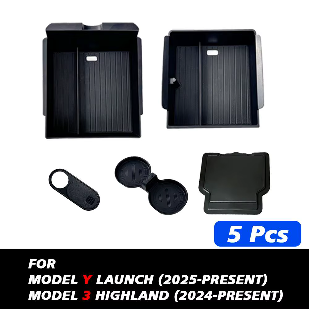 Pour Tesla Nouveau Modèle Y Launch Juniper : Tapis antidérapant en silicone ABS pour console et boîte de rangement d'accoudoir, avec porte-gobelets supérieur et inférieur