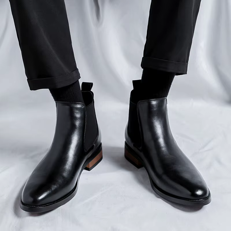 Bottes Chelsea pour hommes à bout pointu, chaussures en cuir polyvalentes à tige haute, style rétro britannique, bottes en cuir rétro - 8100