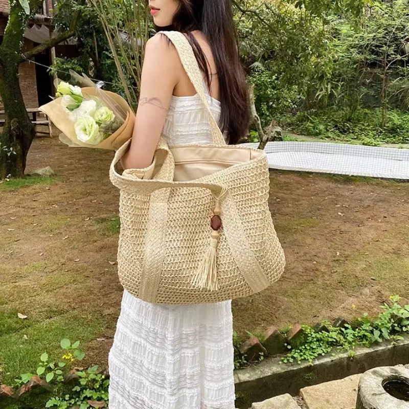 Elegant Ladies Straw Woven Handbag Women Holiday Beach Commute Casual Tote Top-Handle Bags Fashion Retro Shoulder