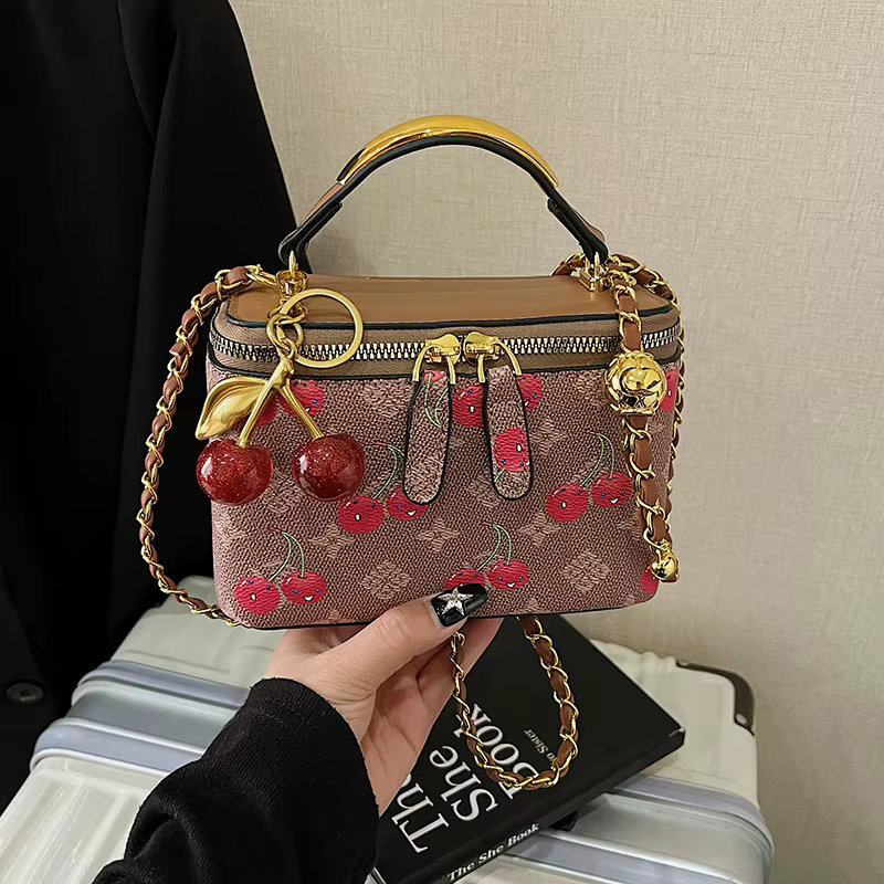 Mini sac carré décoré de cerises, sac à bandoulière pour femme, sac à main rétro à imprimé tendance, sac à main en PU, petit sac carré