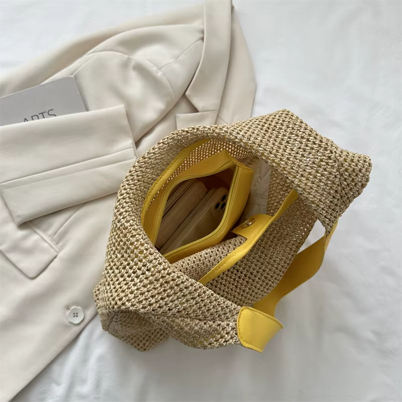 Sac de plage en paille tissé, décontracté, populaire, à la mode, asymétrique, épaule dénudée, bord de mer, voyage, livraison directe, été, 2024