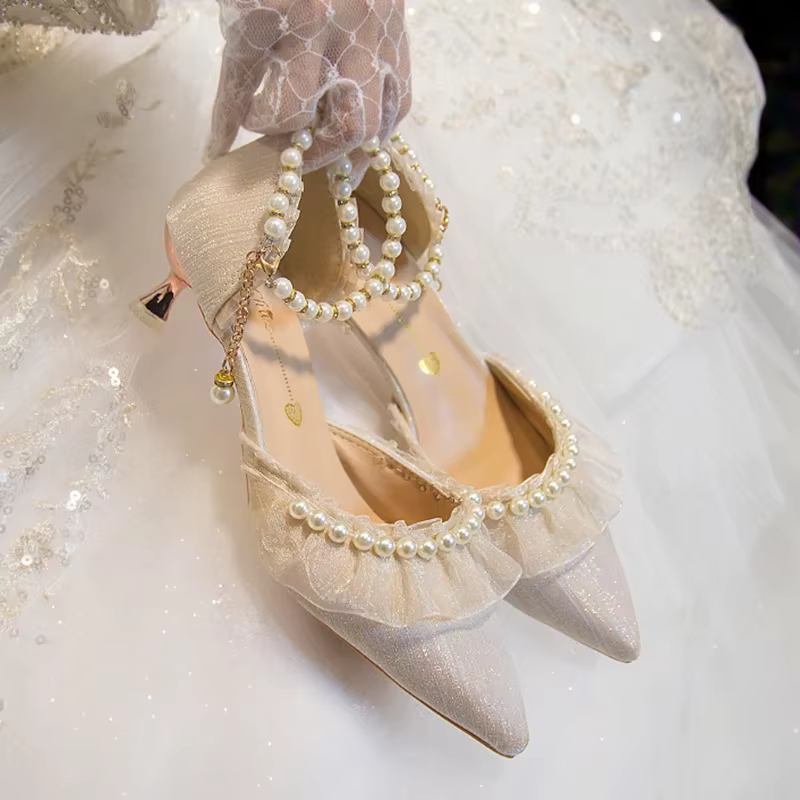 InjWhite-Chaussures de Mariage de Luxe pour Femme, Escarpins à Talons Hauts, Bretelles de Rincage de Perles, Chaussures Habillées à Talons Pointus Parker, Été 2023
