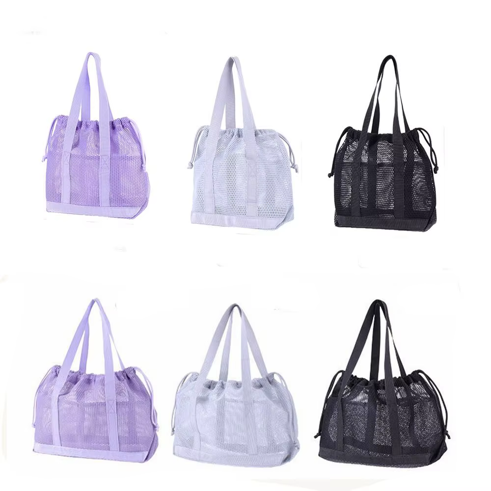 Sac de plage pliable en maille avec cordon de serrage, grande capacité, sac à main lavable et respirant, organisateur d'articles de toilette pour la plage