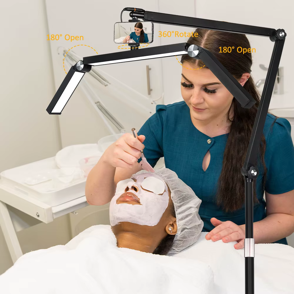 Lampadaire demi-lune 26 pouces avec support 360 ° Tête lumineuse rotative pour extensions de cils, tatouage, soins de la peau, sourcils