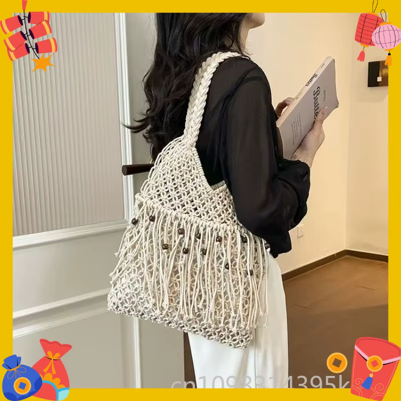 Sac à bandoulière en paille pour femmes, avec cordon de serrage, ajouré et respirant, léger, grande capacité, pour voyage et extérieur