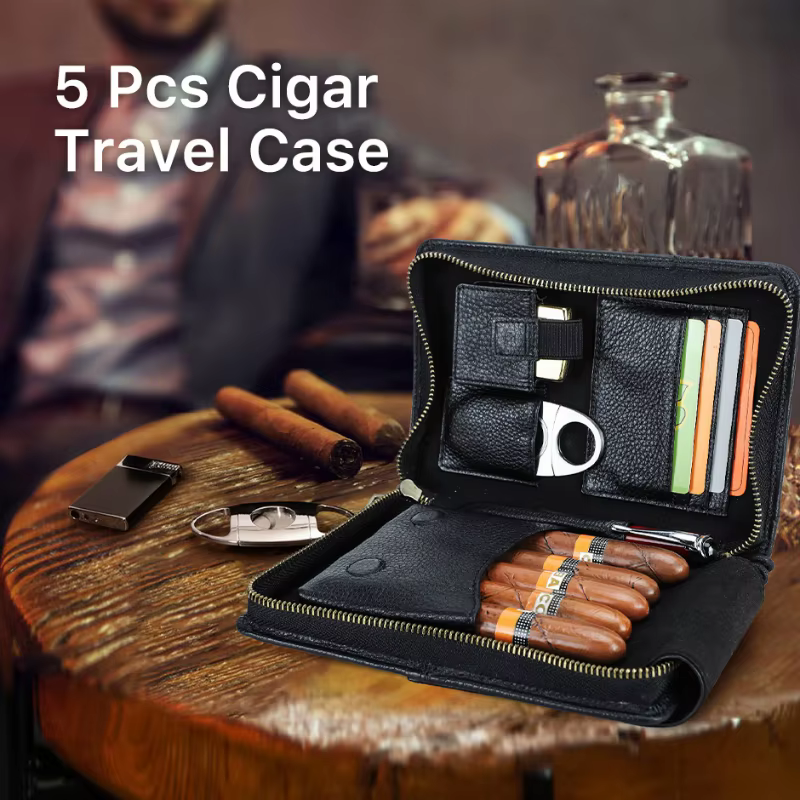 Sac à cigares Portable en cuir véritable, étui de rangement de cigares de voyage multifonction