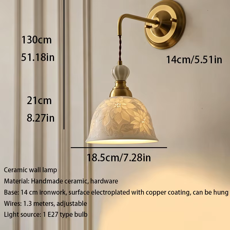 Lampe de plafond en céramique de style japonais couleur crème à motif floral, lampe de chevet pour chambre à coucher, petite lampe polyvalente en céramique transparente
