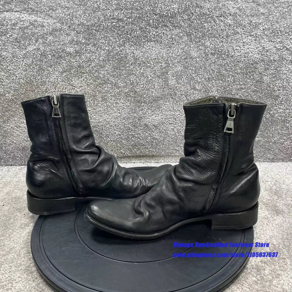 Bottines à fermeture éclair en cuir souple noir froissé pour hommes, bottes courtes à talon bas en cuir vintage, chaussures pour hommes fabriquées à la main par des designers