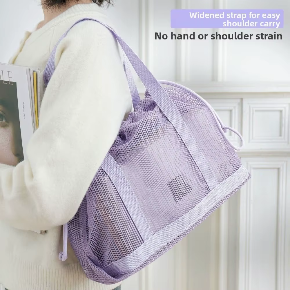 Sac de plage pliable en maille avec cordon de serrage, grande capacité, sac à main lavable et respirant, organisateur d'articles de toilette pour la plage