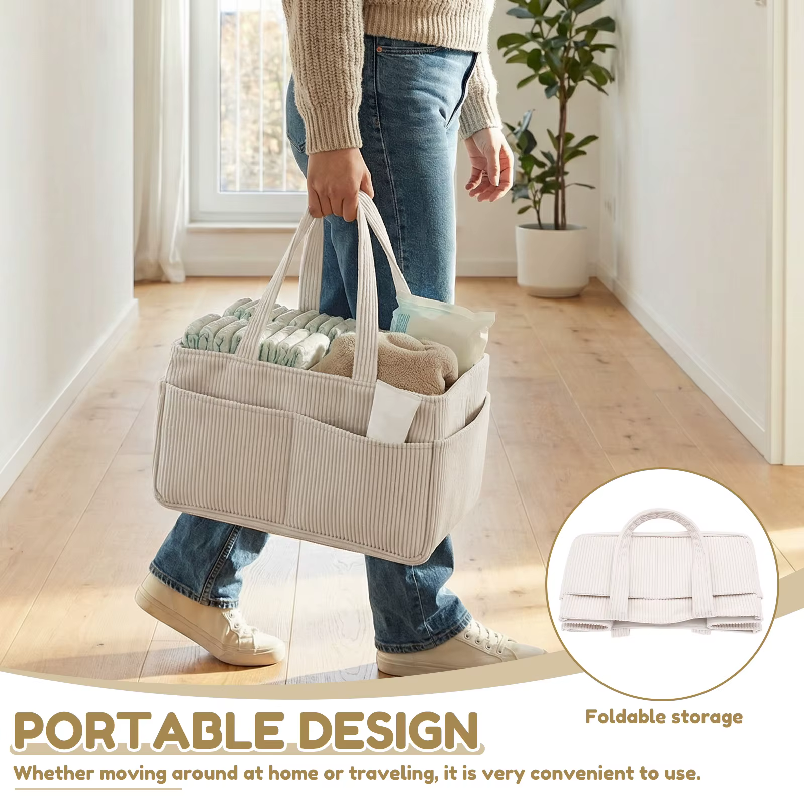 Organisateur de couches pour bébé, panier de rangement portable en velours côtelé avec poignée, panier de rangement pour couches pour la chambre de bébé