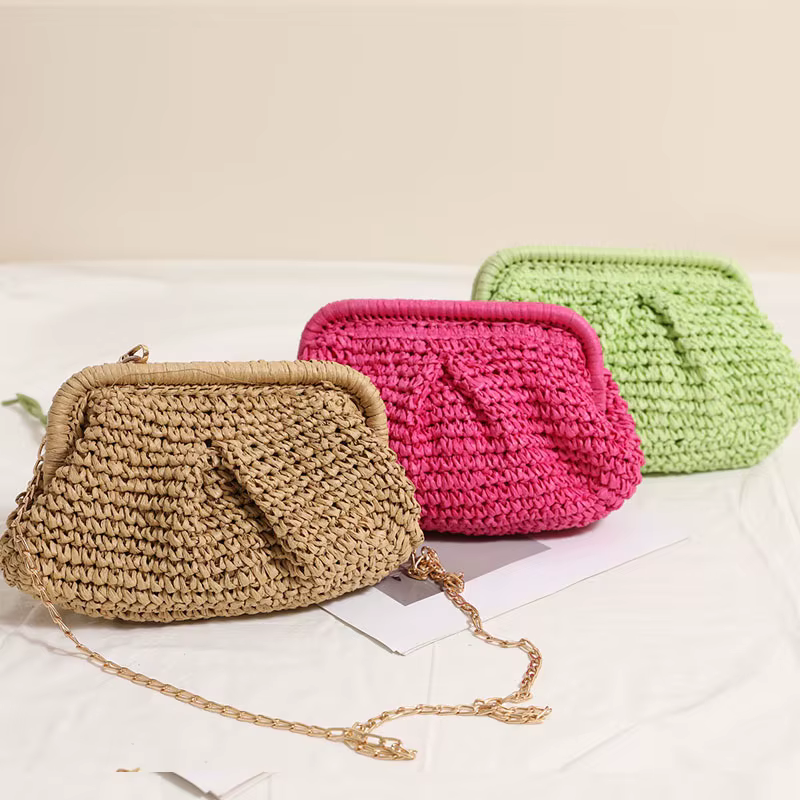 2025 nouvelles femmes paille tissé sac chaîne sangle paille pochette sac à main grande capacité élégant sac à bandoulière couleur unie pour la plage d'été