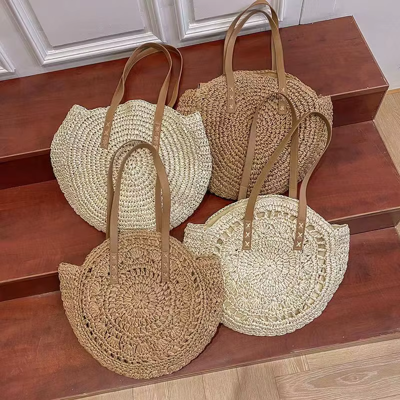Sac de plage rond en paille, sac à bandoulière tissé Vintage fait à la main, sacs en rotin circulaire en raphia, sacs décontractés bohème pour vacances d'été