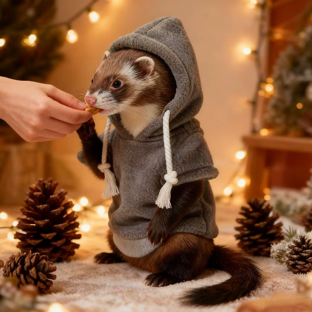 Sweat à capuche en furet élastique à la mode, polaire épaisse, doux, rayé pour animaux de compagnie, confortable et élégant, pull en furet avec cordon de serrage, hiver