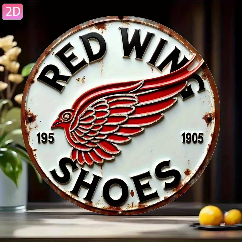 [2D Plat] Panneau mural en métal pour chaussures à ailes rouges vintage – Décor rustique en aluminium avec un design