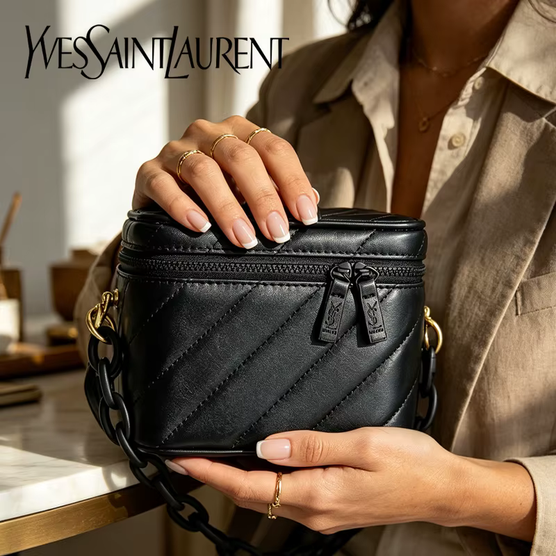 Sac Yves Saint Laurent noir matelassé, mini sac cosmétique YSL avec miroir intégré, pochette de maquillage multifonction avec accessoires détachables DIY