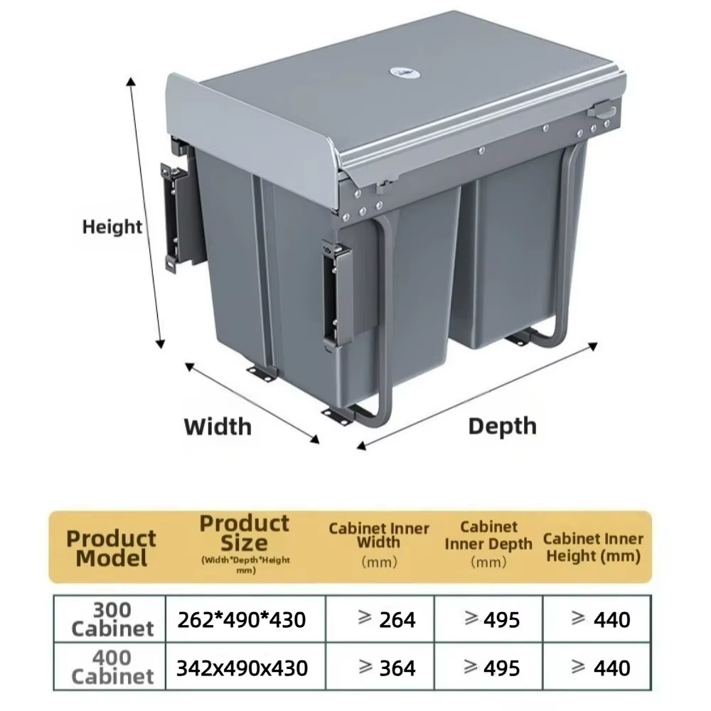 Poubelle de cuisine encastrable 30/40L grande capacité avec couvercle