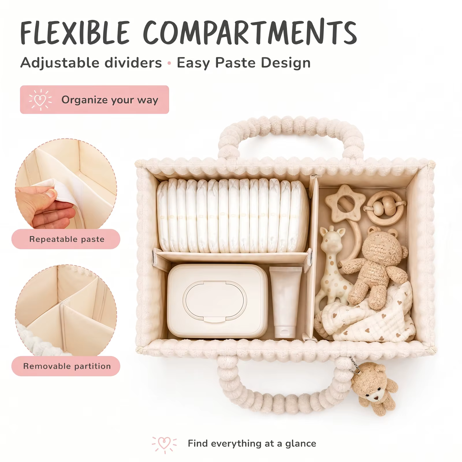 Organisateur de couches pour bébé en velours côtelé, panier de rangement pour couches avec poignée, pliable, multi-poches, organisateur de couches pour nouveau-né