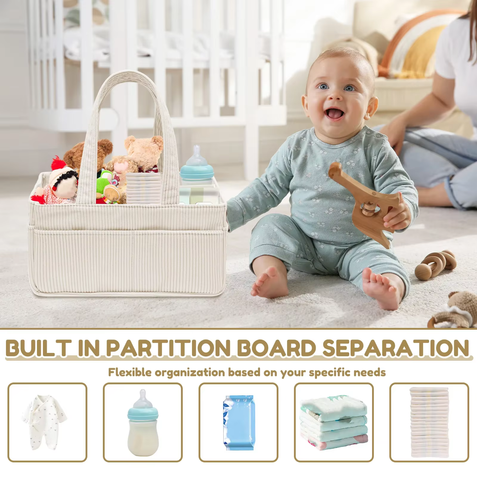 Organisateur de couches pour bébé en velours côtelé, panier de rangement pour couches avec poignée, pliable, multi-poches, organisateur de couches pour nouveau-né