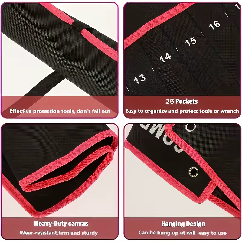 Sac à outils noir DGEV, sac en toile pour tournevis à double usage et surpiqûres rouges - un sac de rangement compact pour tournevis destiné aux artisans