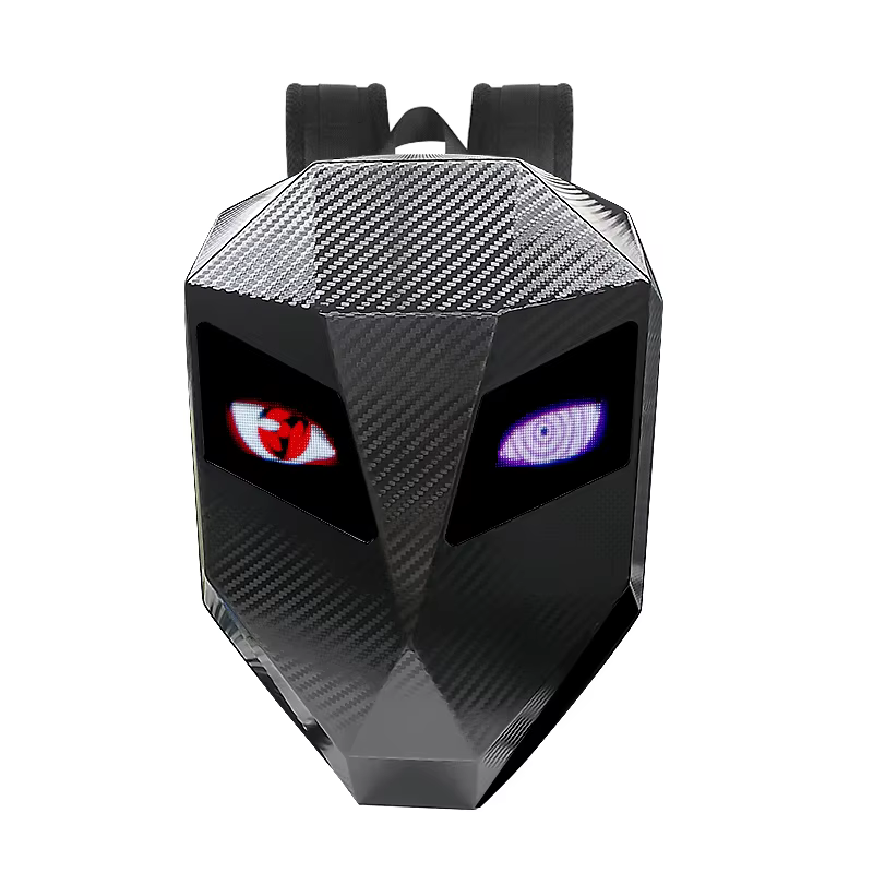 LED Moto Rider sac à dos yeux lueur modèle fibre de carbone texture casque locomotive sac à dos sac d'école