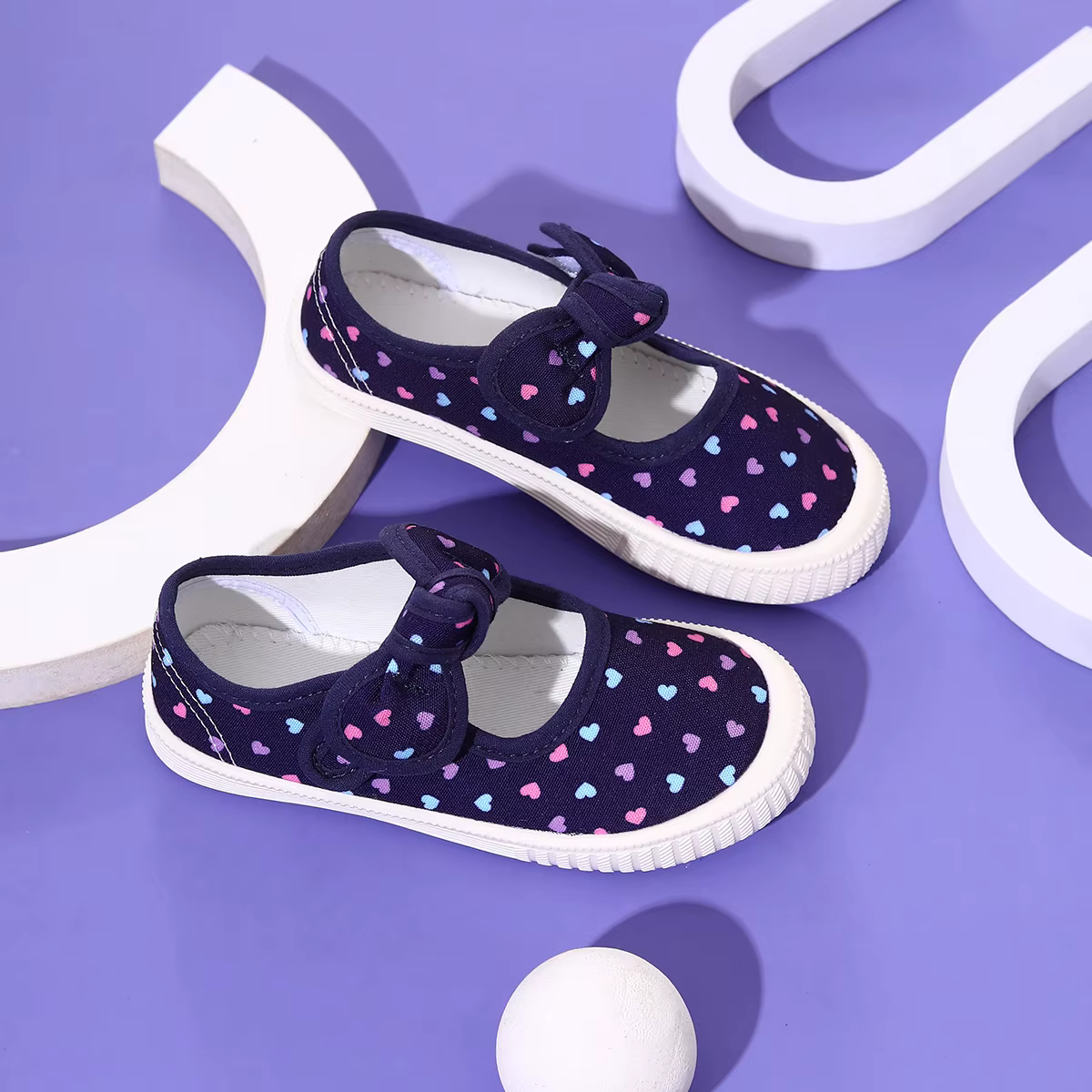 Chaussures en toile pour filles, baskets décontractées avec joli nœud et imprimé Velcro, design large adapté à l'intérieur et à l'extérieur en toutes saisons