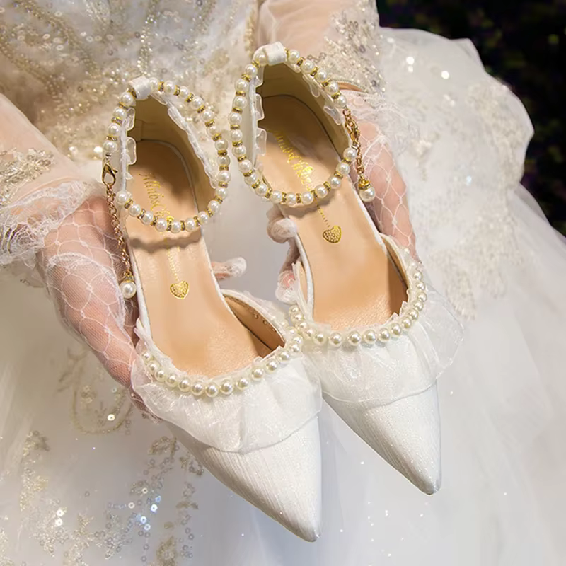 InjWhite-Chaussures de Mariage de Luxe pour Femme, Escarpins à Talons Hauts, Bretelles de Rincage de Perles, Chaussures Habillées à Talons Pointus Parker, Été 2023